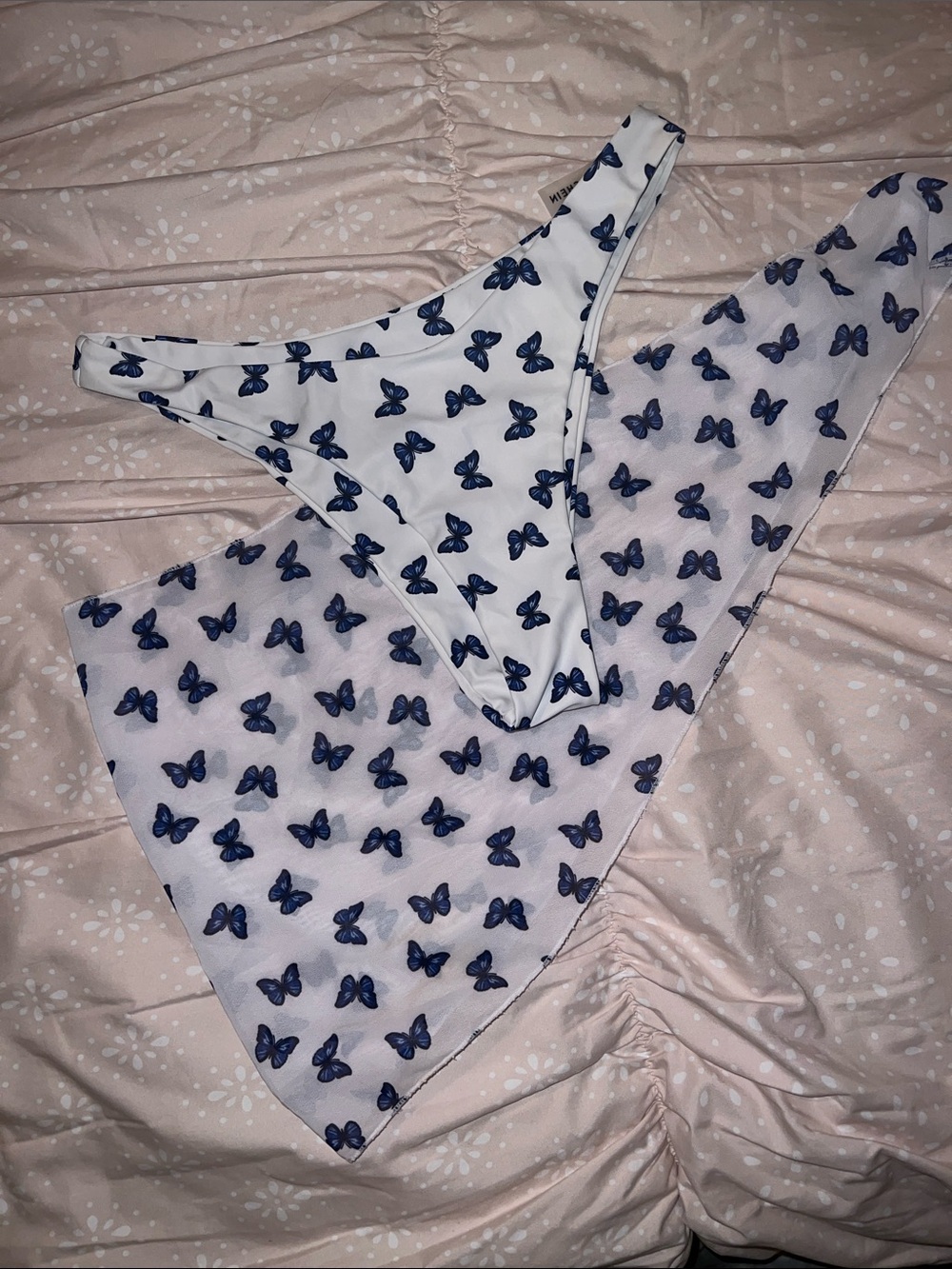 White Bikini Bottoms with Blue Butterfly Print with matching mini wrap